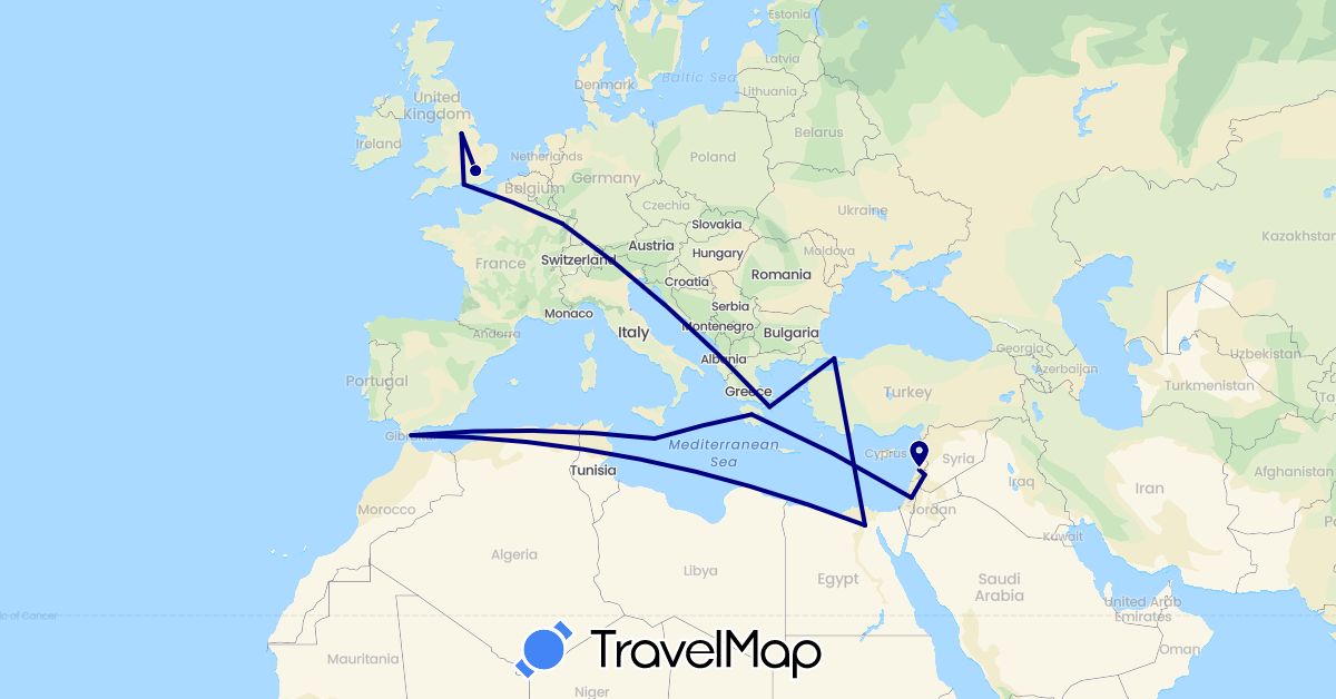 TravelMap itinerary: driving in Egypt, France, United Kingdom, Gibraltar, Greece, Lebanon, Malta, Palestinian Territories, Syria, Turkey (Africa, Asia, Europe)